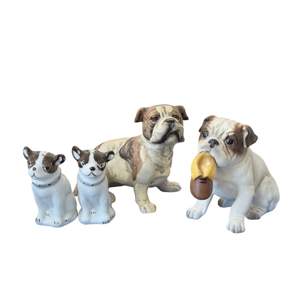 Vintage‎ Bulldog Ceramic Figurine Set of 4- Salt Pepper Shakers Japan Brown